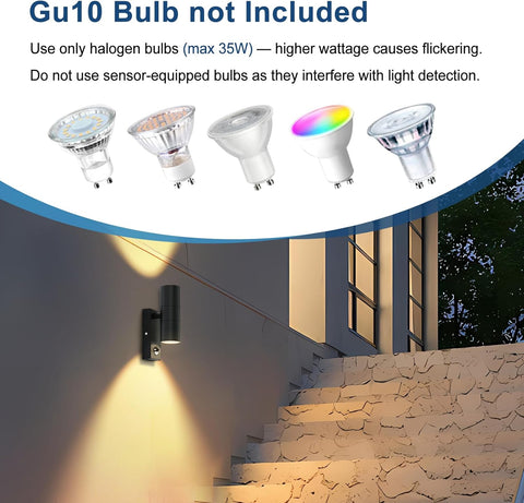 Outdoor wall light fixture with GU10 bulb compatibility information displayed.