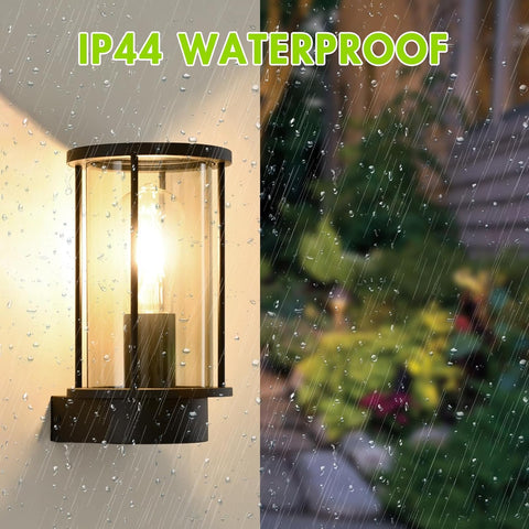 Outdoor wall light fixture with IP44 waterproof label, shown in rain.