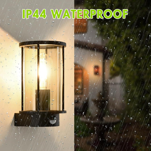 Outdoor wall light fixture with IP44 waterproof rating shown in rain.