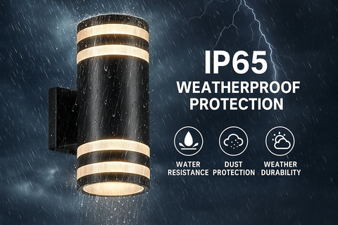 Outdoor wall light fixture with IP65 weatherproof protection rating on a dark background.