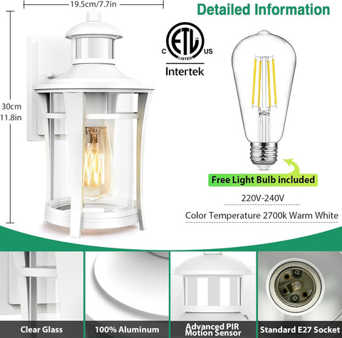 Outdoor wall light fixture with LED bulb, dimensions, and certification details.