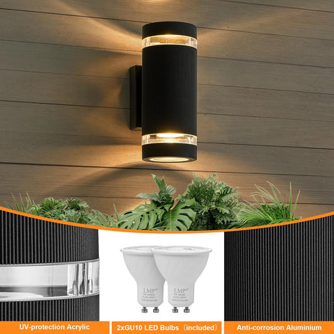 Outdoor wall light fixture with LED bulbs on a wooden background