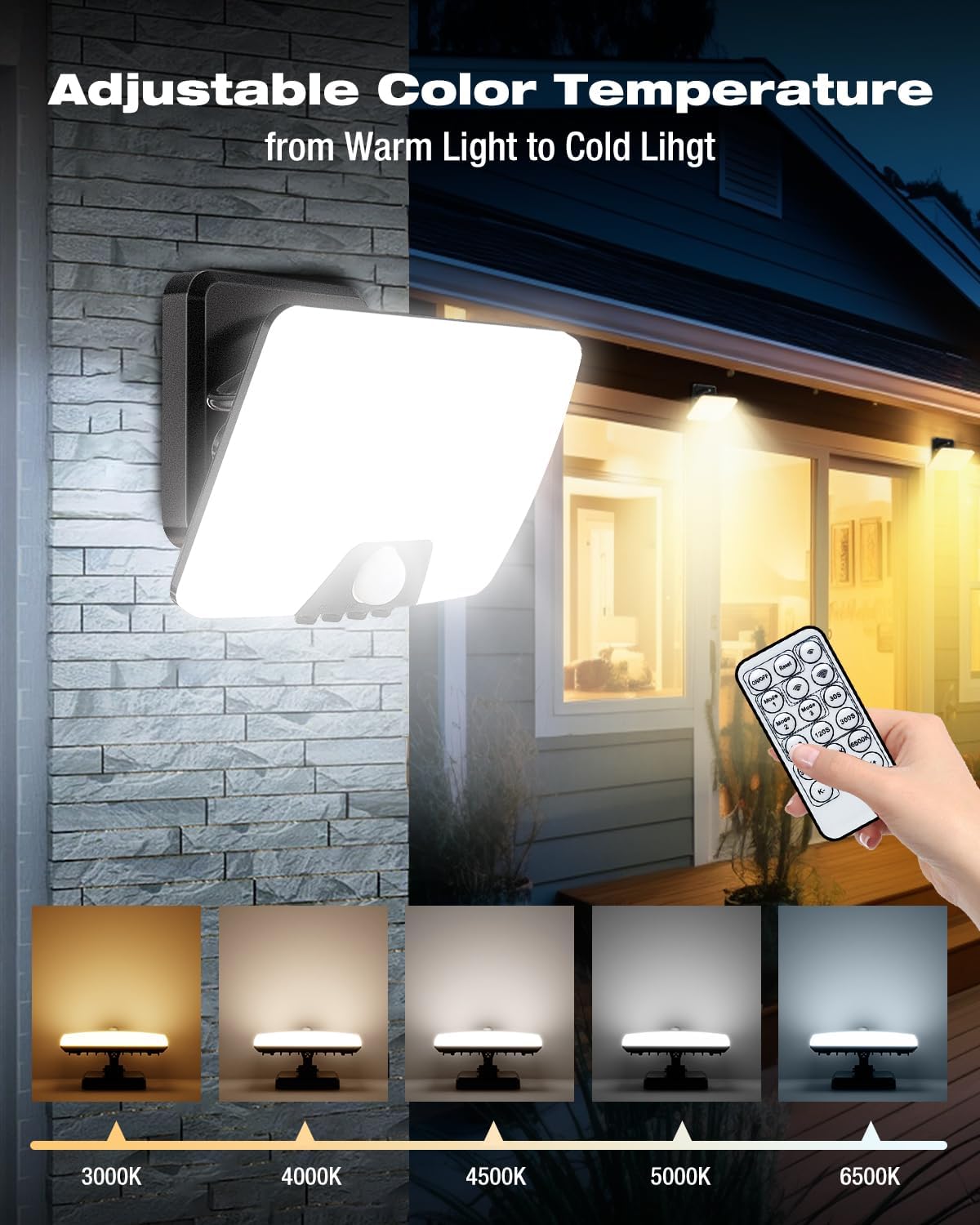 Outdoor wall light fixture with adjustable color temperature control, shown on a house exterior.