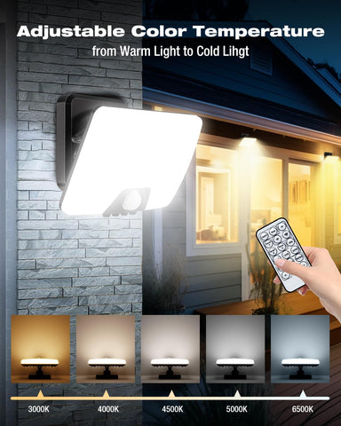 Outdoor wall light fixture with adjustable color temperature control, shown on a house exterior.