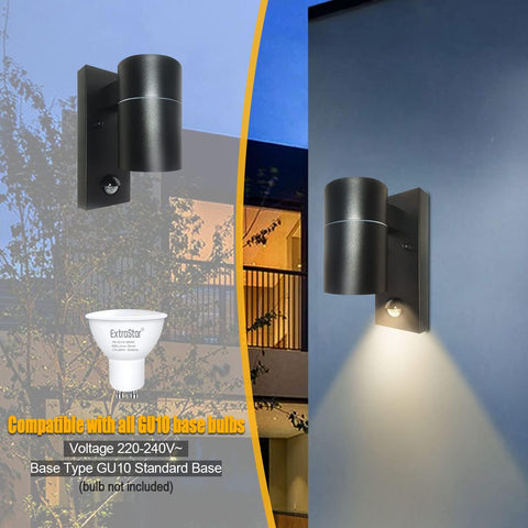 Outdoor wall light fixture with bulb compatibility information on a blue background