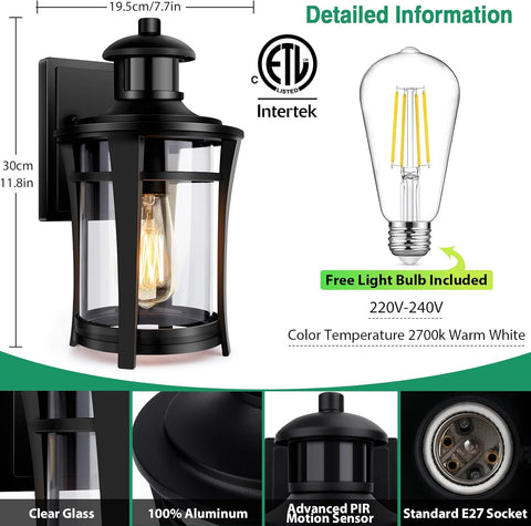 Outdoor wall light fixture with clear glass shade, black finish, and E27 socket, featuring Intertek certification and free light bulb included.