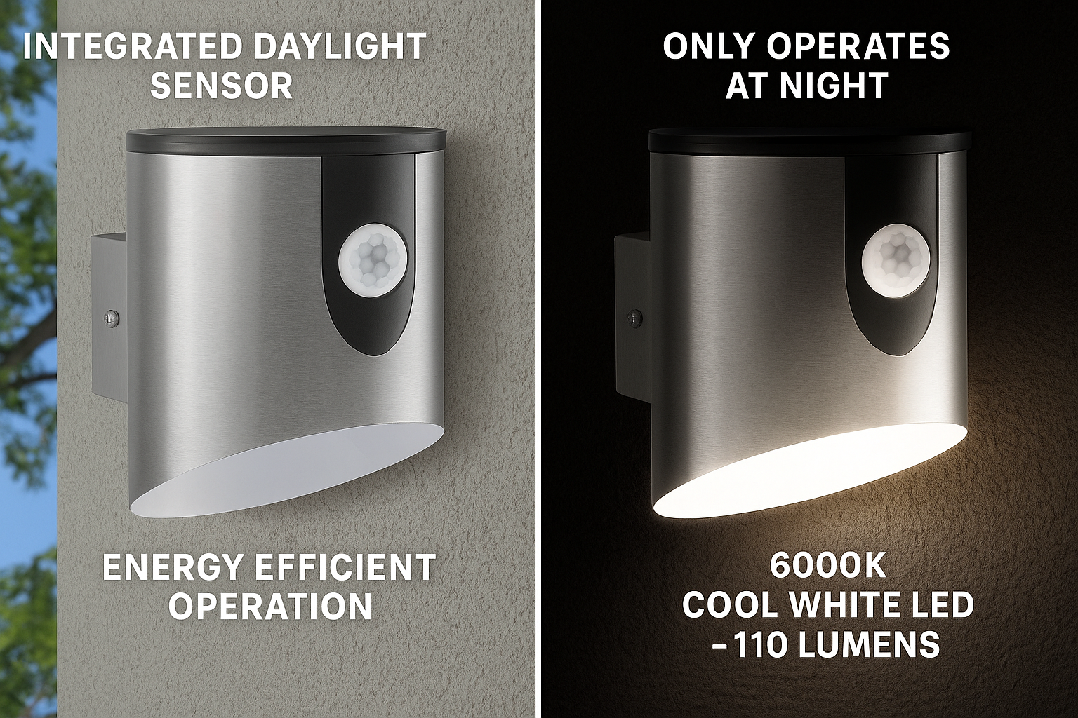 Outdoor wall light fixture with daylight sensor and night operation features.