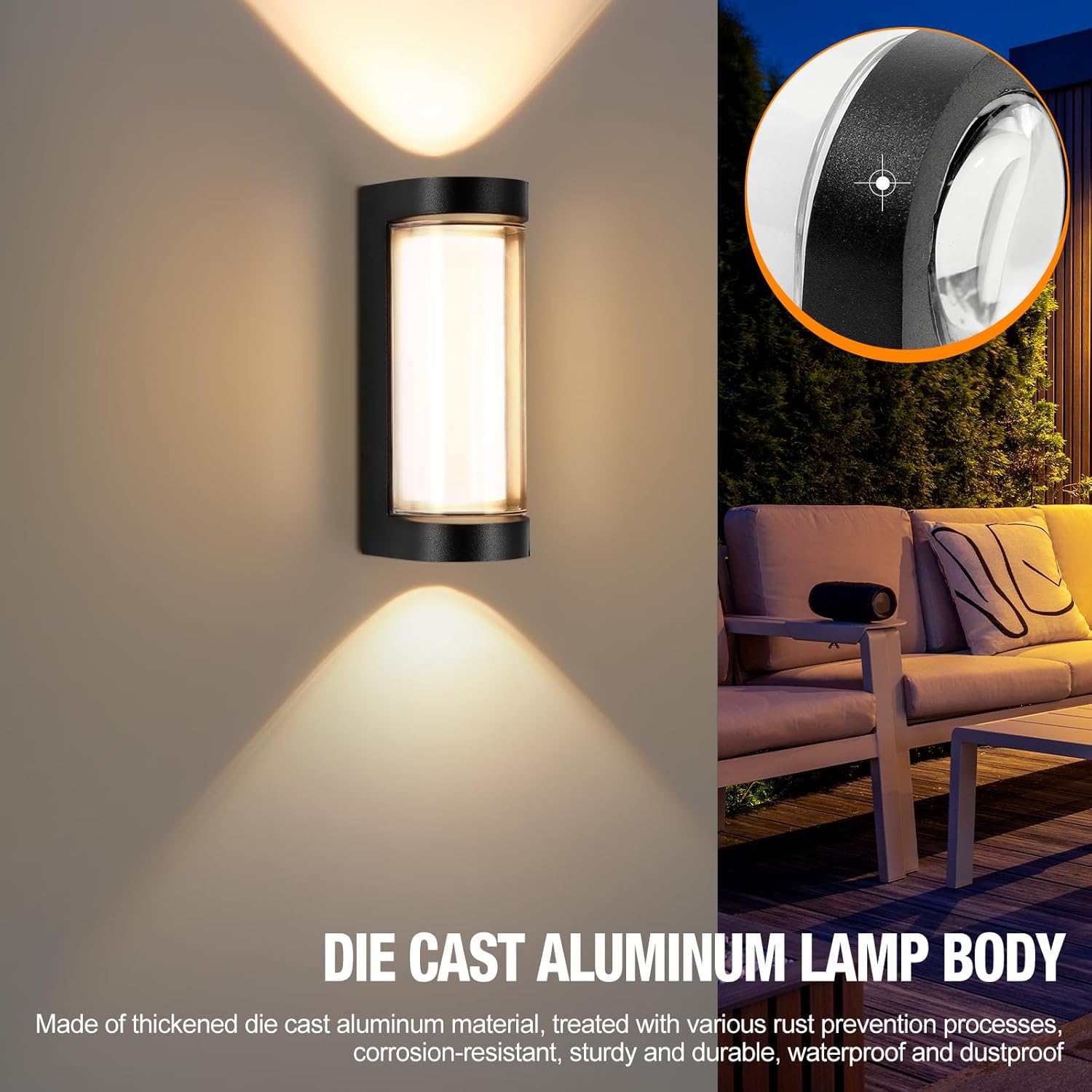 Outdoor wall light fixture with die cast aluminum lamp body, shown on a wall and in an outdoor setting.