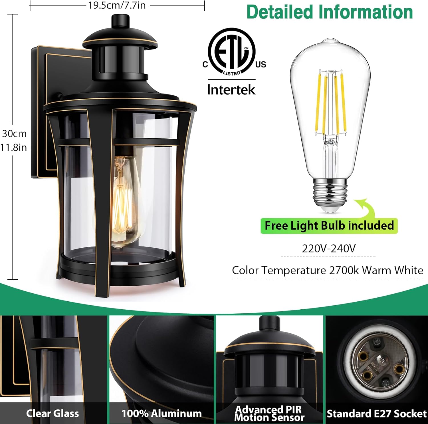 Outdoor wall light fixture with dimensions, ETL Intertek certification, and free light bulb included on a white background.