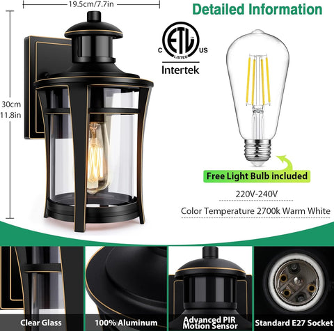 Outdoor wall light fixture with dimensions, ETL Intertek certification, and free light bulb included on a white background.