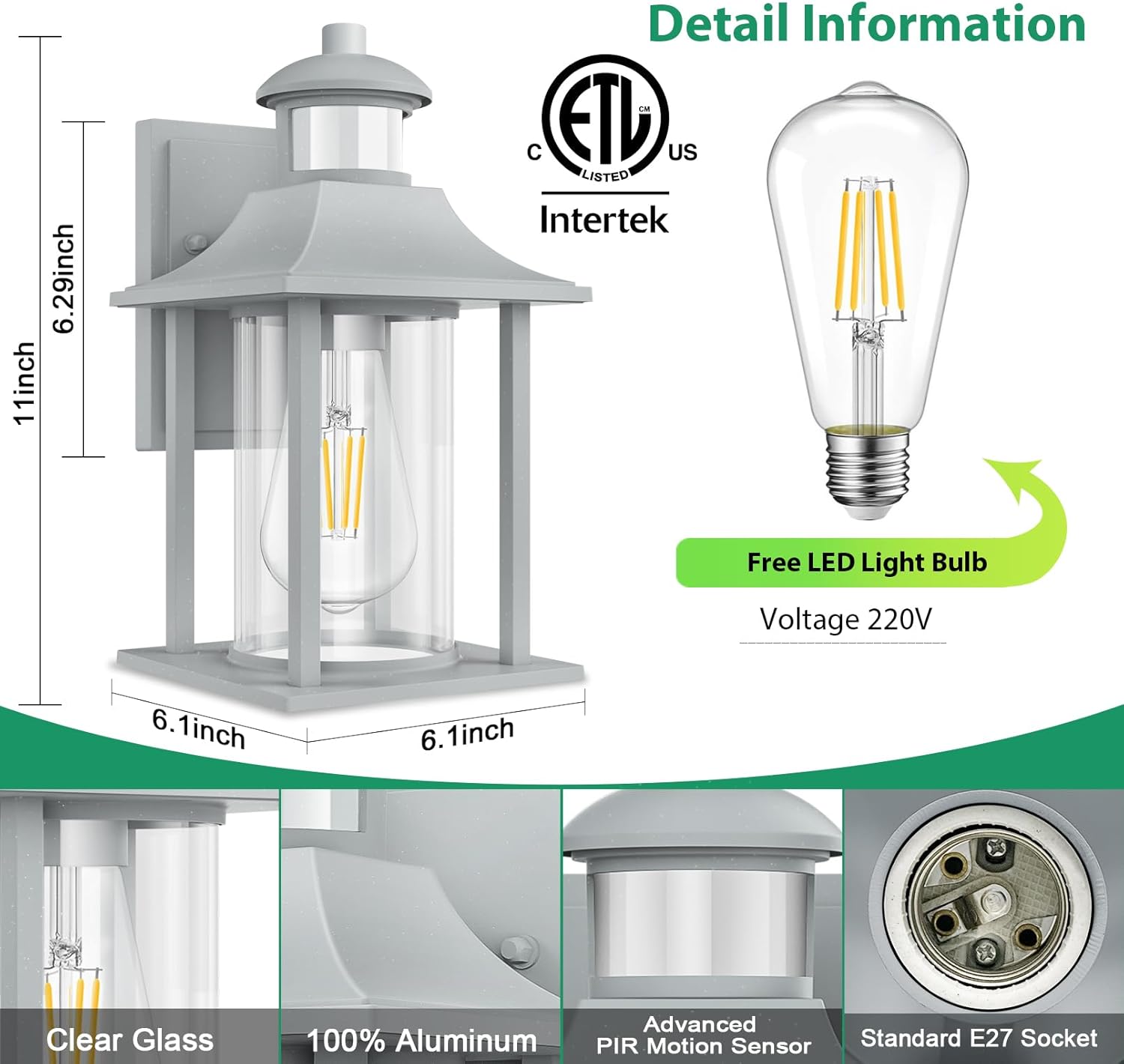 Outdoor wall light fixture with dimensions, LED bulb, and certification logos on a white background.