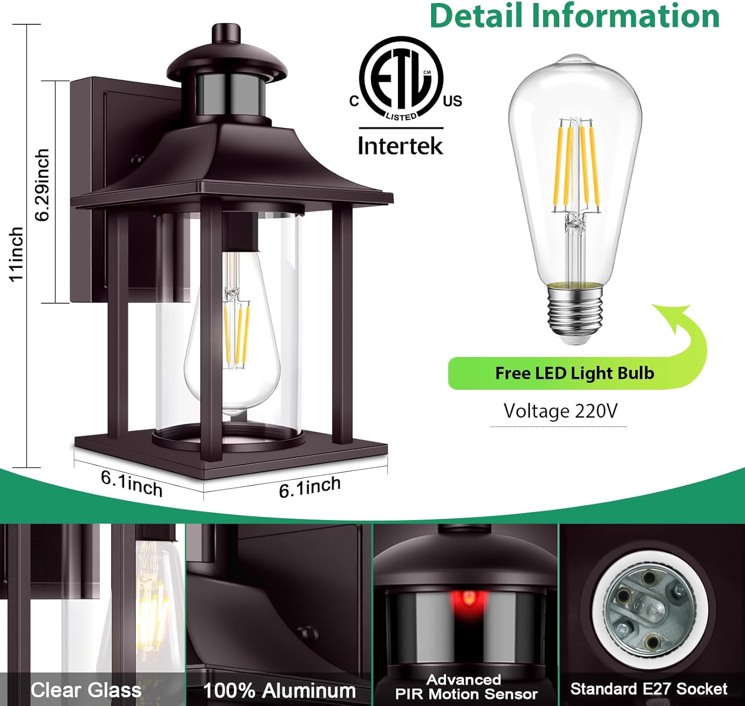Outdoor wall light fixture with dimensions, LED light bulb, and certification logos on a green background.