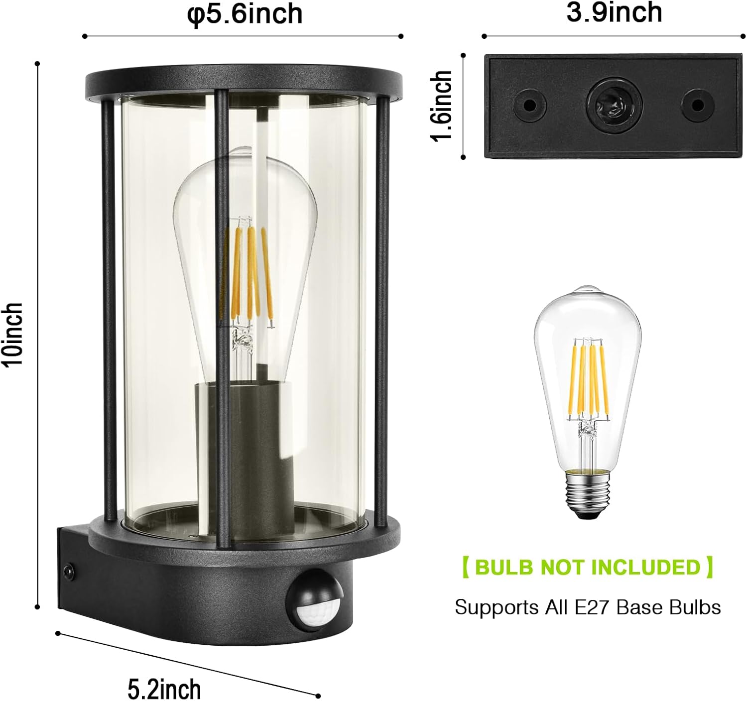 Outdoor wall light fixture with dimensions and bulb compatibility details.