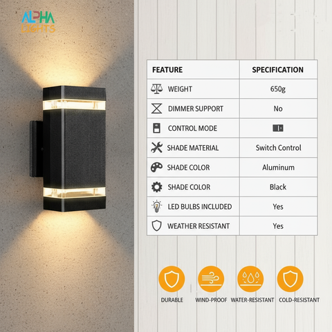 Outdoor wall light fixture with feature specifications on a white background