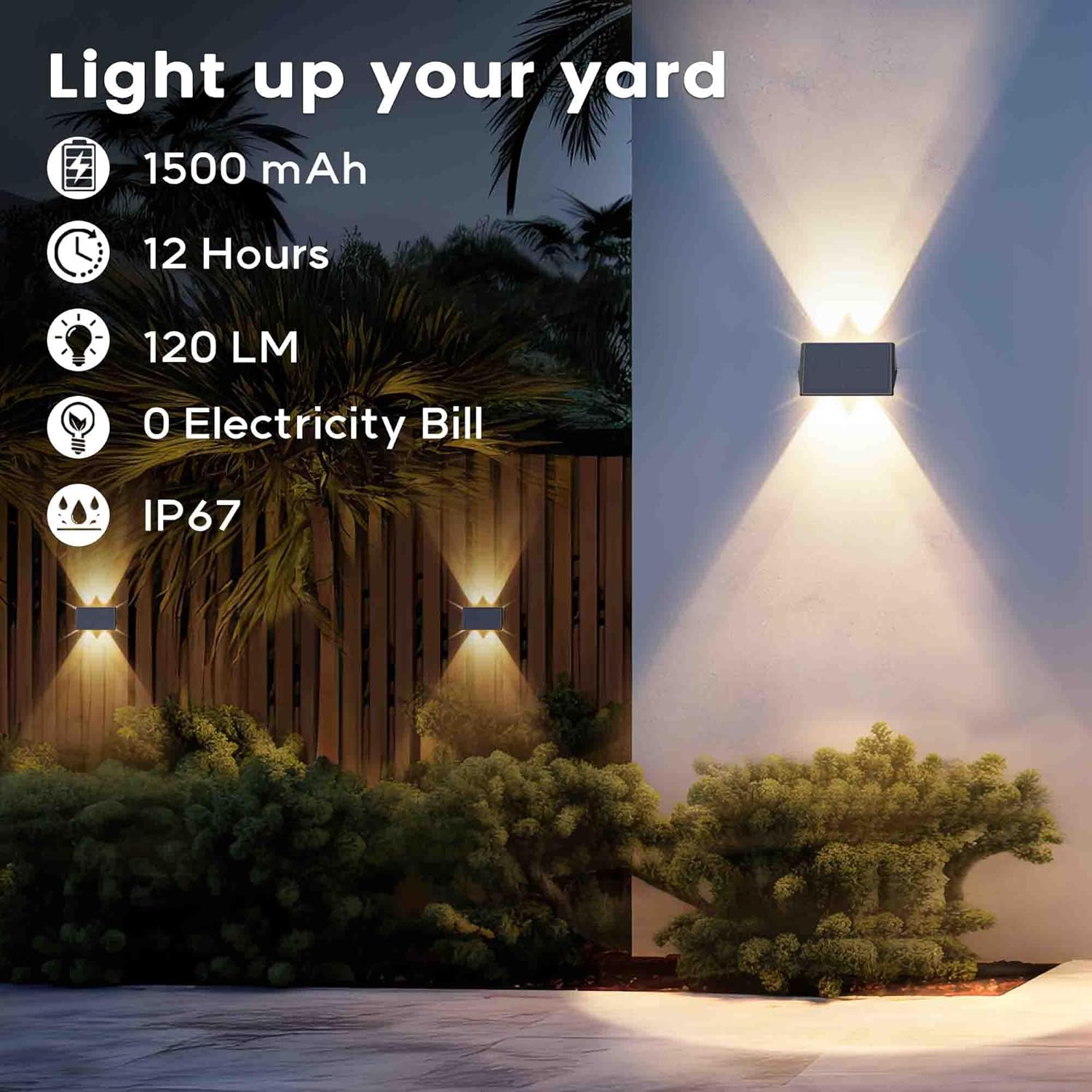 Outdoor wall light fixture with features listed on a dark background