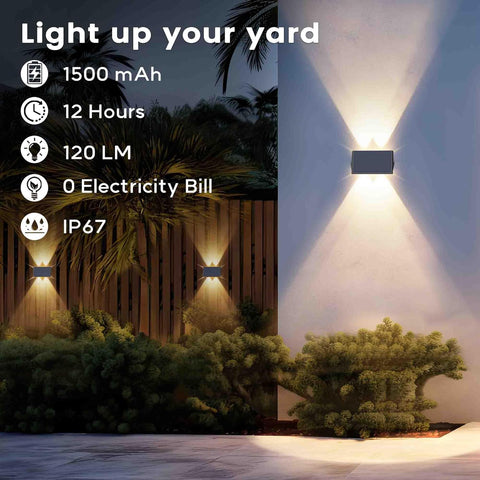 Outdoor wall light fixture with features listed on a dark background
