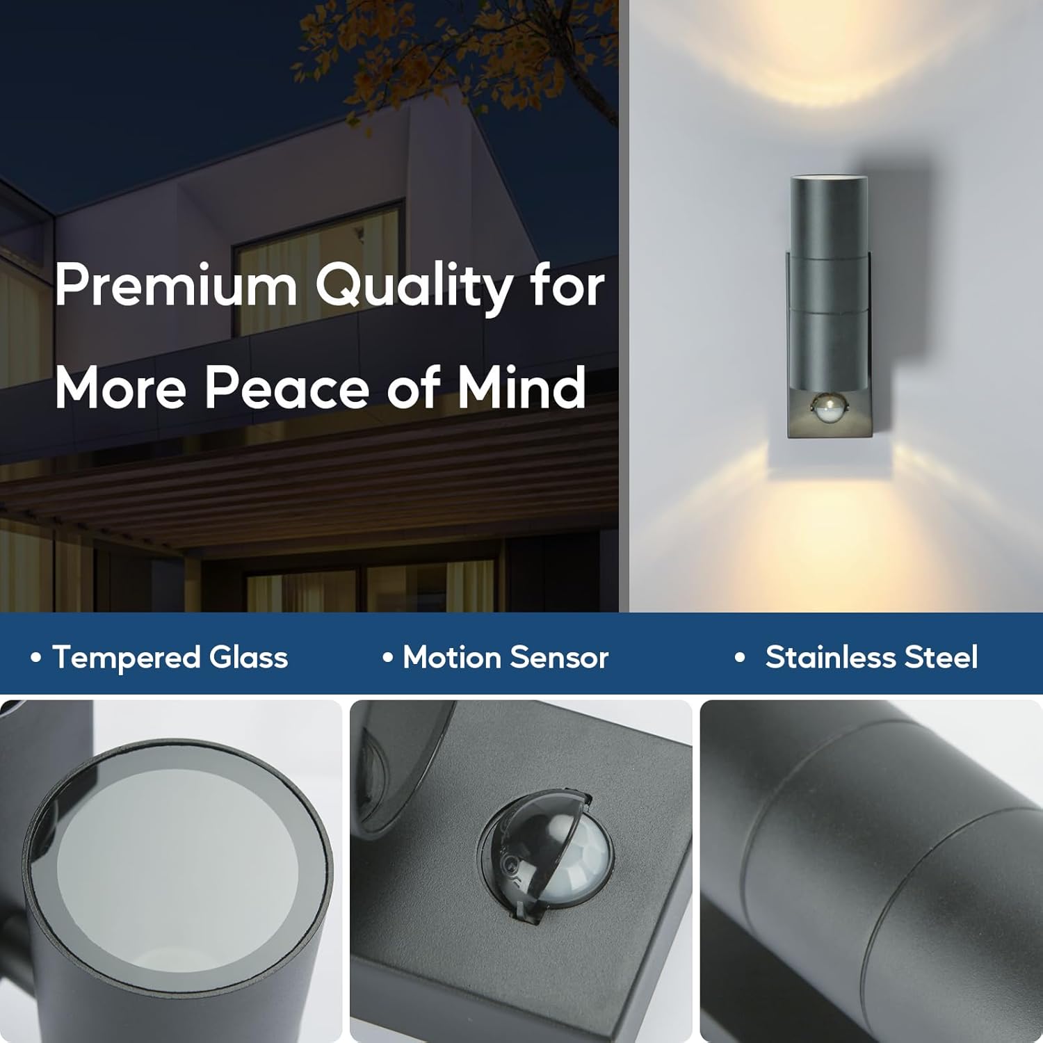 Outdoor wall light fixture with features listed on a dark blue banner.
