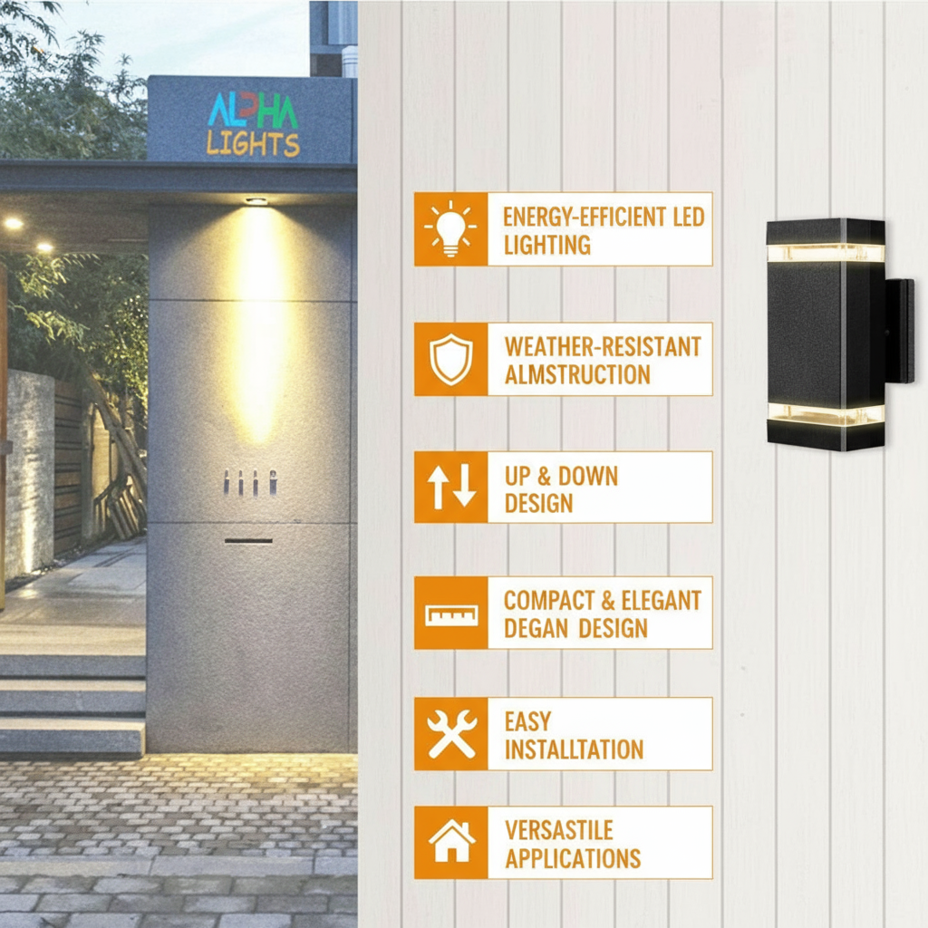 Outdoor wall light fixture with features listed on a white background