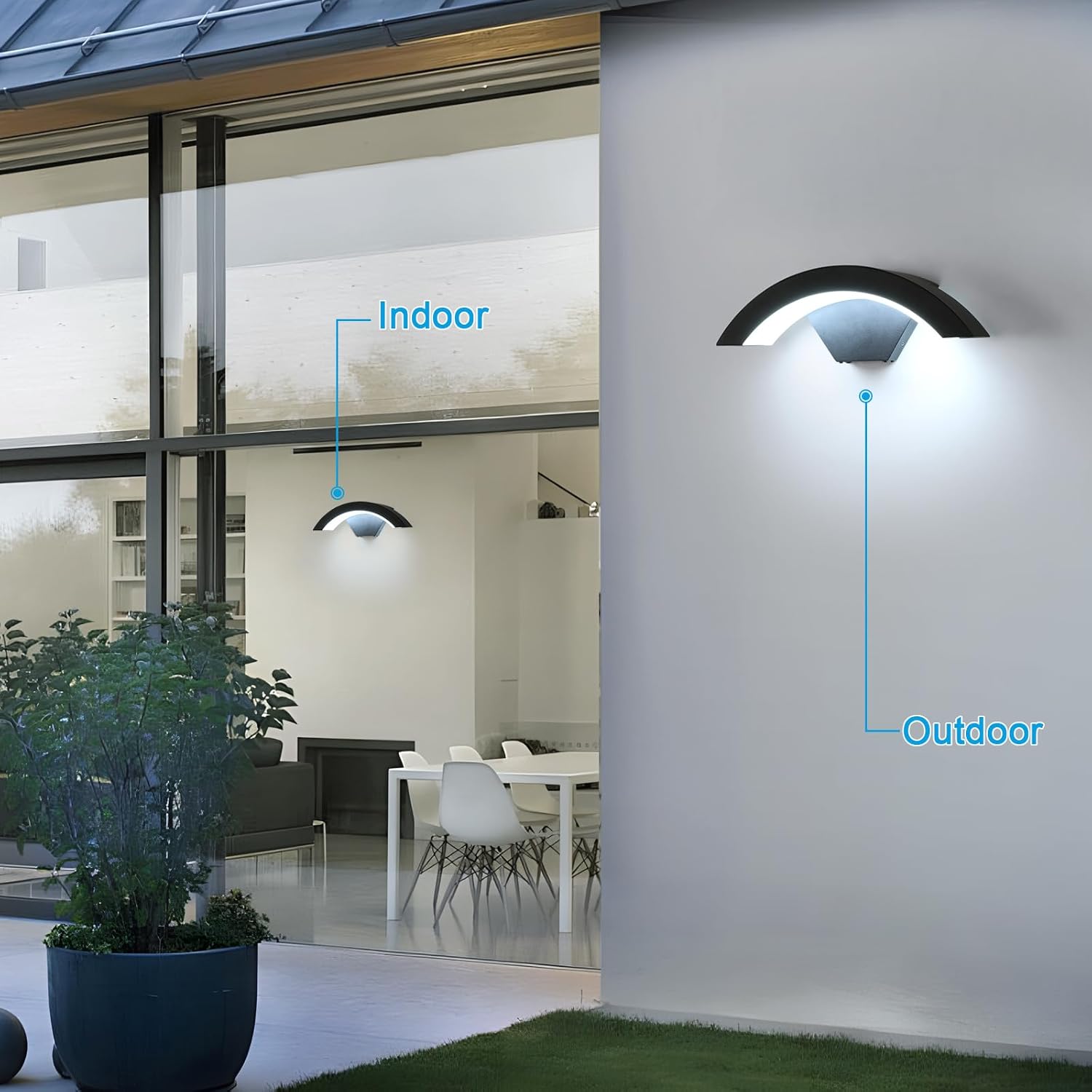 Outdoor wall light fixture with indoor view through glass window