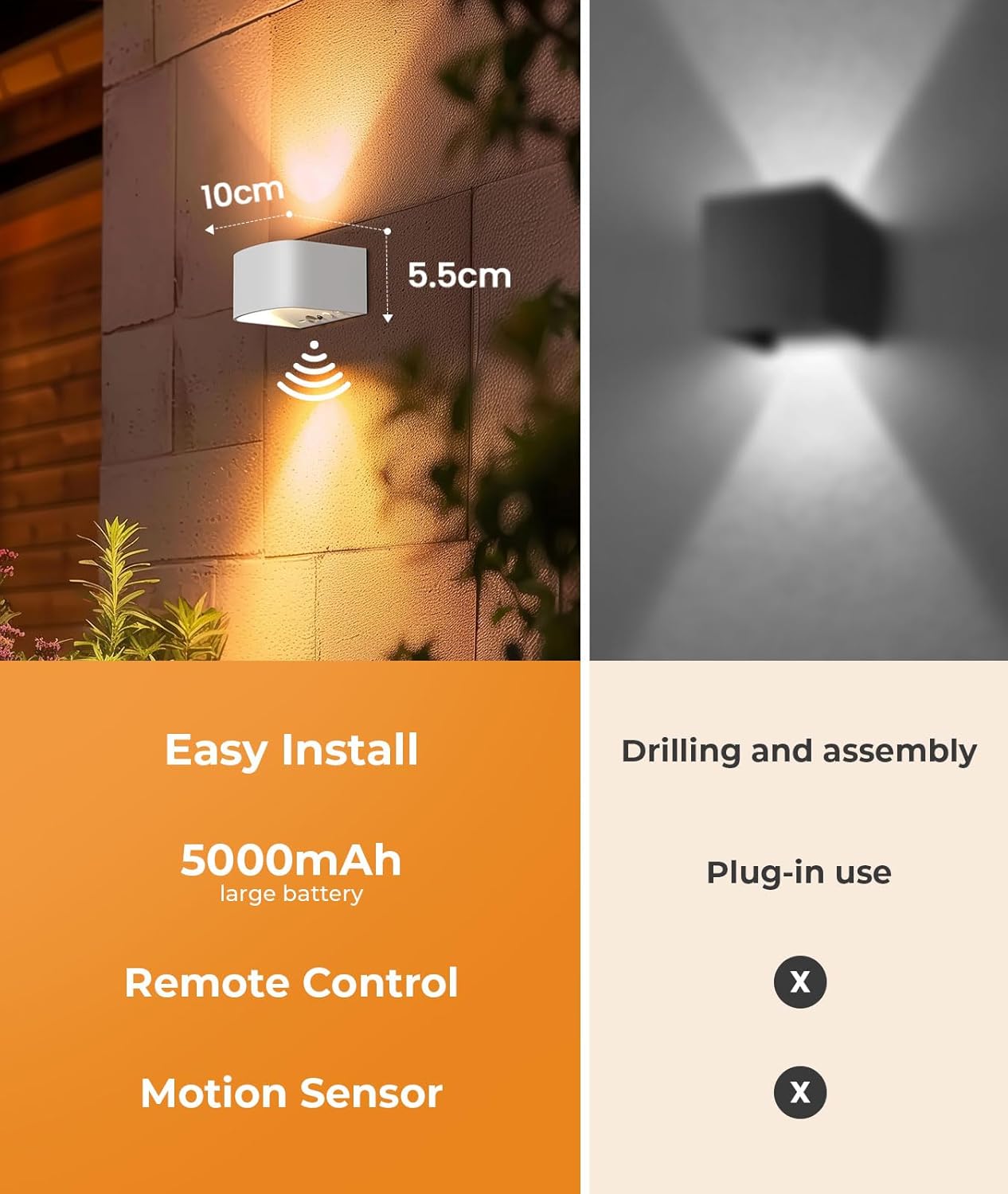 Outdoor wall light fixture with installation details on an orange background