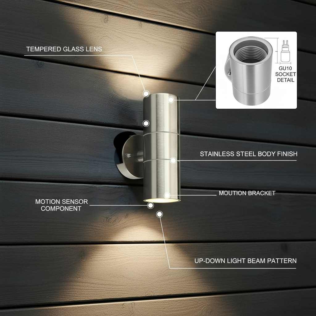 Outdoor wall light fixture with labeled components on a wooden background