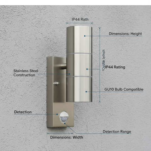 Outdoor wall light fixture with labeled features on a gray background
