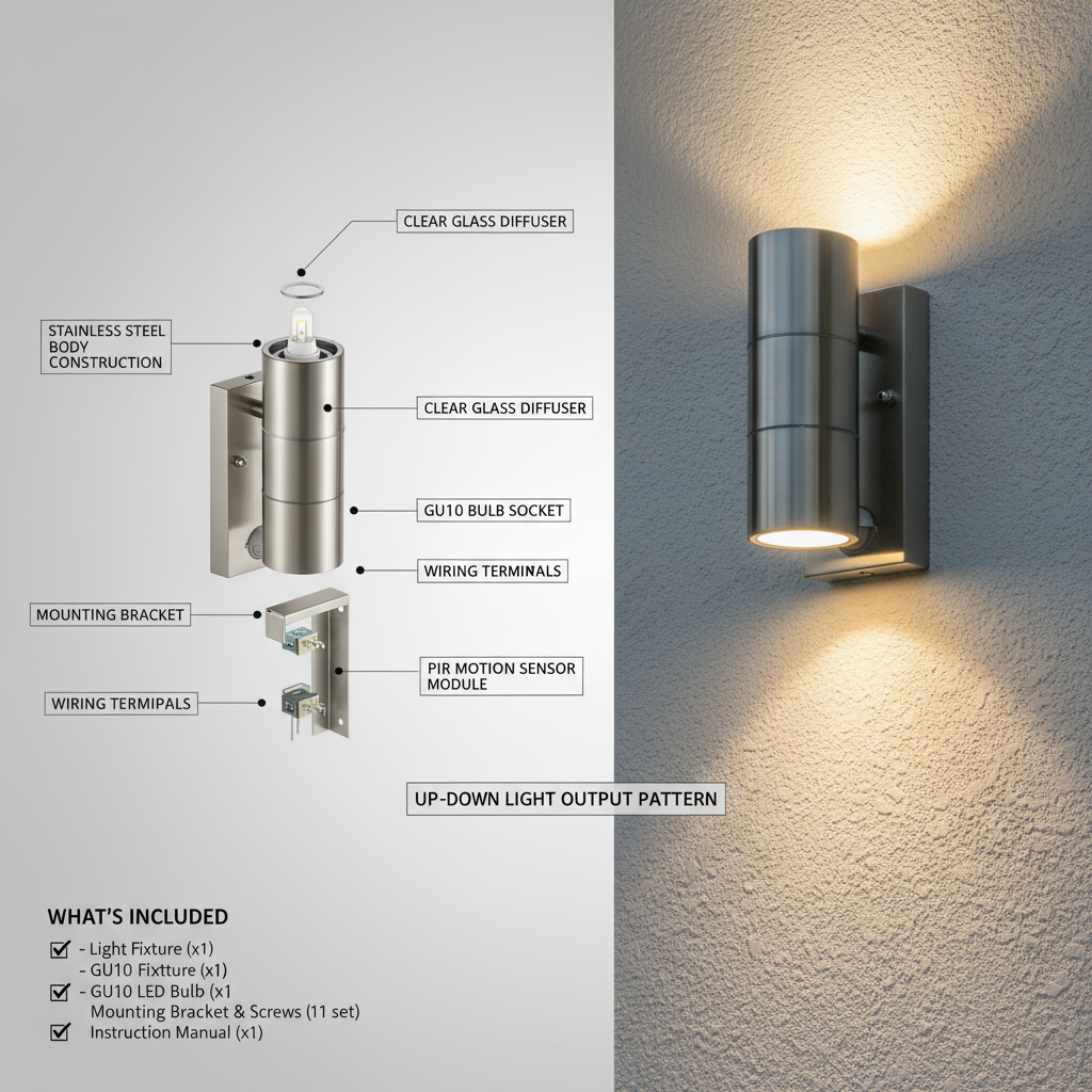 Outdoor wall light fixture with labeled parts and light output pattern on a gray background