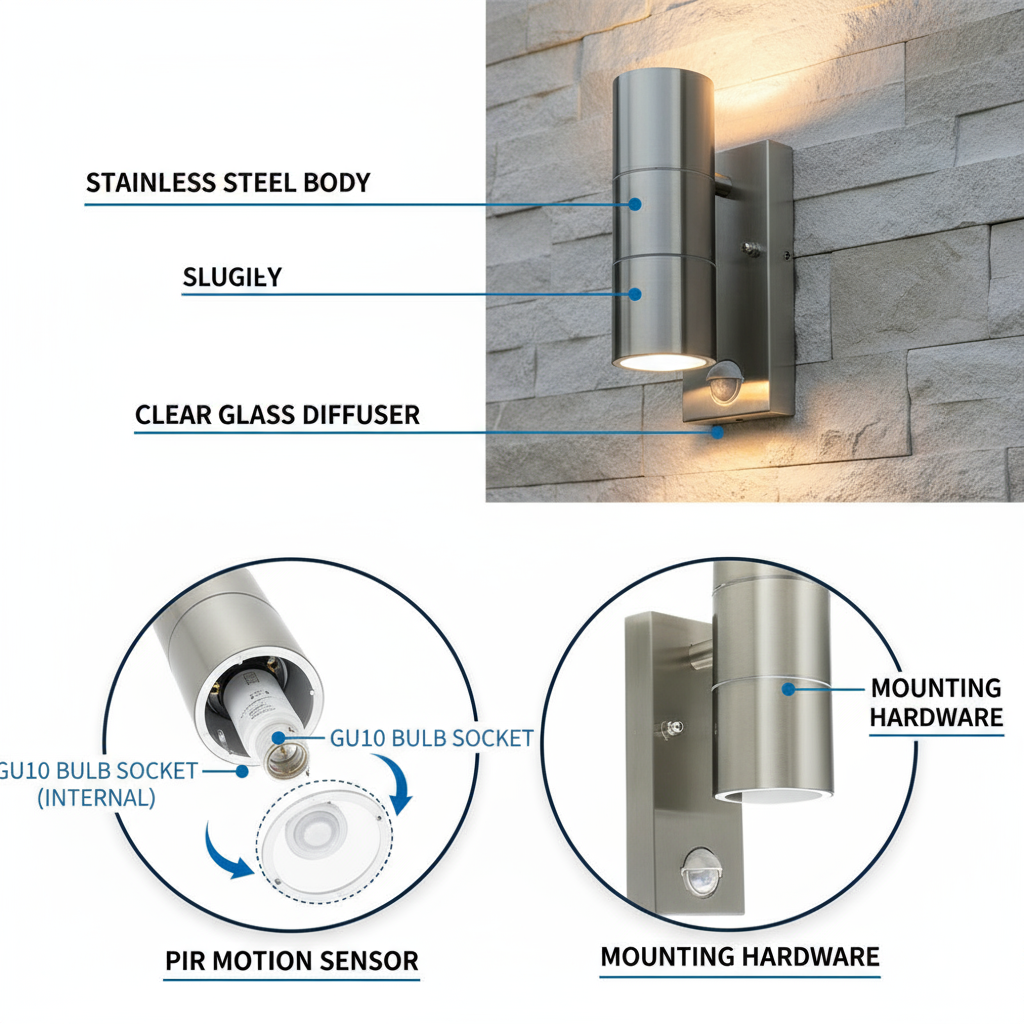 Outdoor wall light fixture with labeled parts on a white background