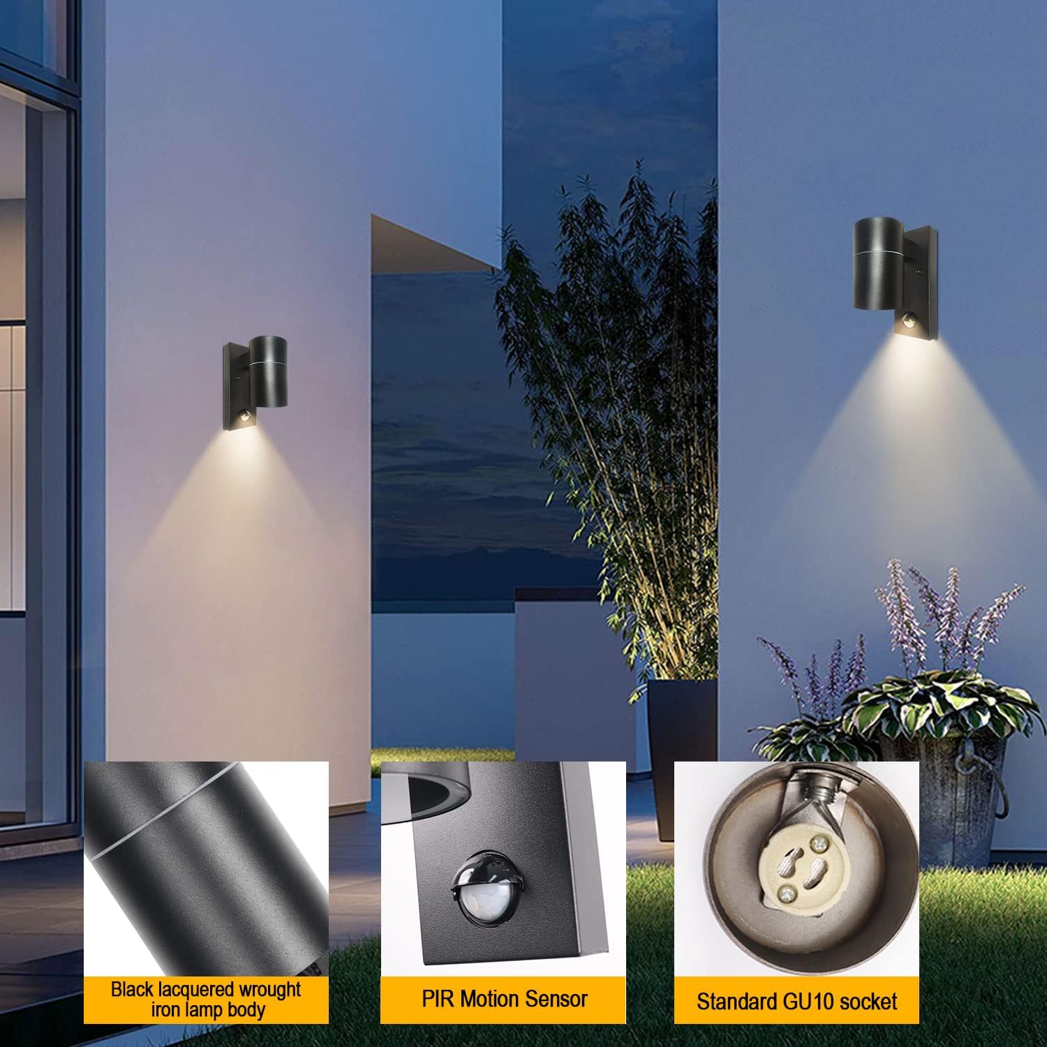 Outdoor wall light fixture with motion sensor and GU10 socket, shown on a building exterior and in a garden setting.