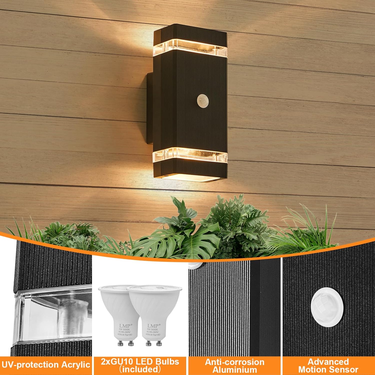 Outdoor wall light fixture with motion sensor on wooden wall, featuring LED bulbs and anti-corrosion material.