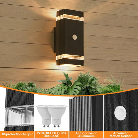 Outdoor wall light fixture with motion sensor on wooden wall, featuring LED bulbs and anti-corrosion material.