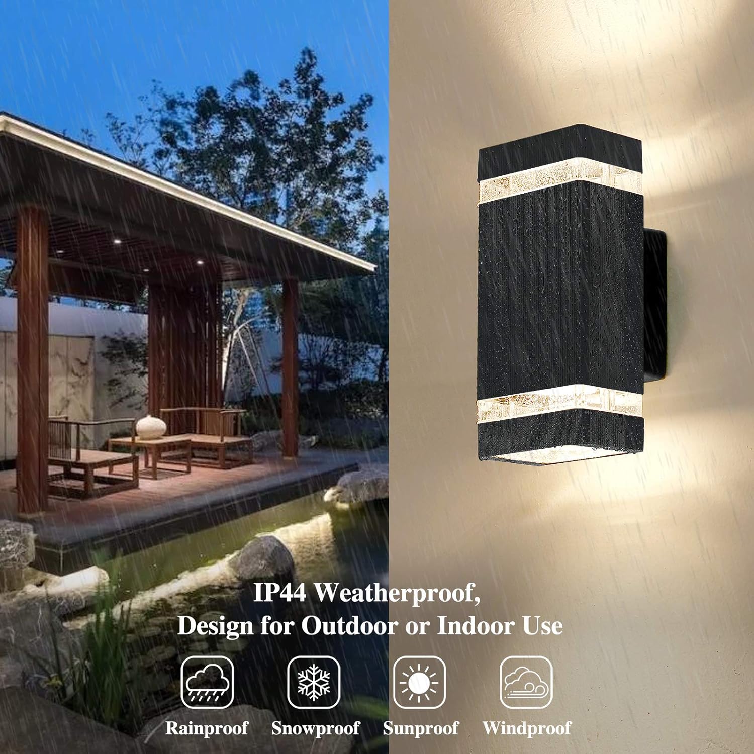 Outdoor wall light fixture with patio and pool area in the background