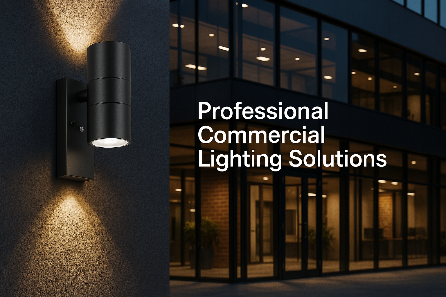 Outdoor wall light fixture with professional commercial lighting solutions text