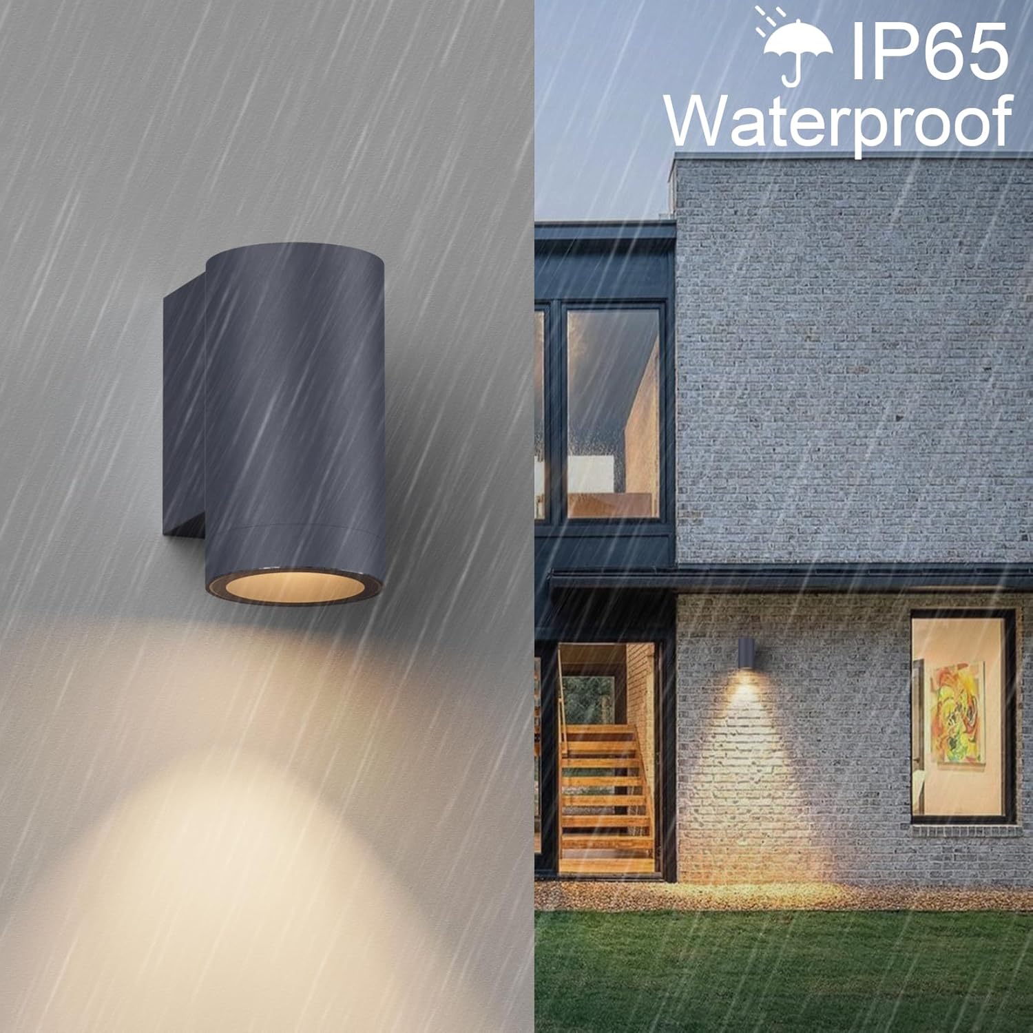 Outdoor wall light fixture with rain simulation and 'IP65 Waterproof' text on a house exterior.