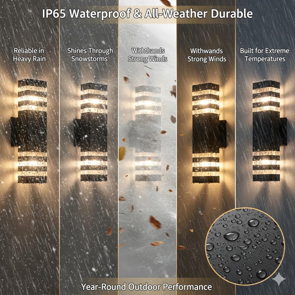 Outdoor wall light fixture with rain, snow, and wind resistance features.