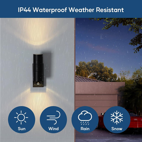 Outdoor wall light fixture with rain, sun, wind, and snow icons indicating weather resistance.