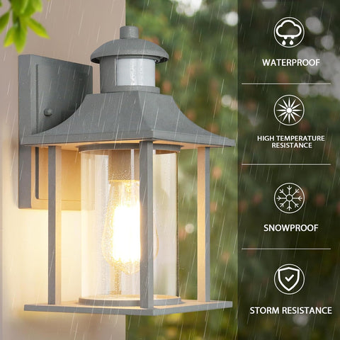 Outdoor wall light fixture with rainproof features displayed on a green leafy background