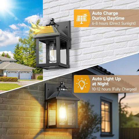 Outdoor wall light fixture with solar panel, showing auto charging during daytime and auto lighting up at night.