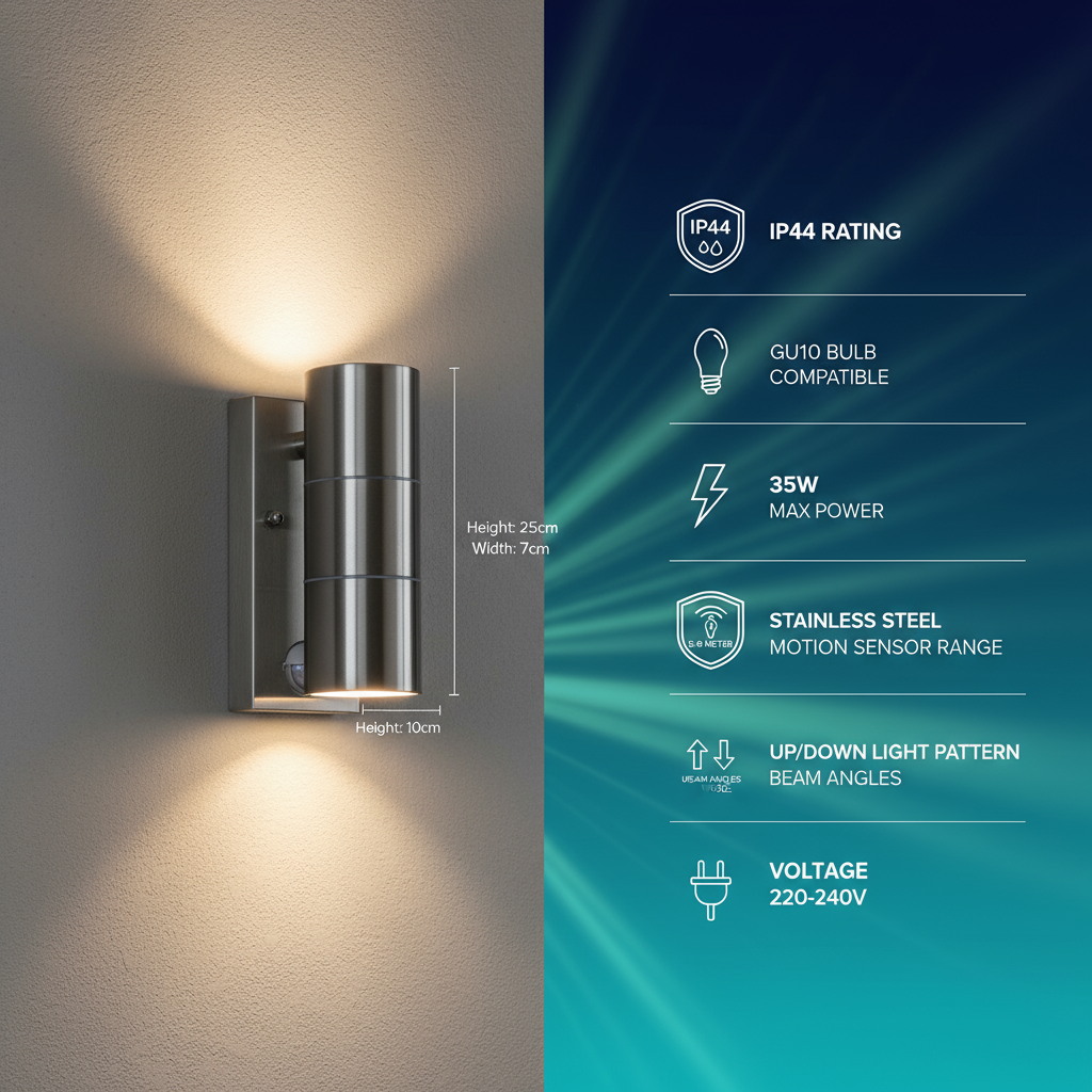 Outdoor wall light fixture with specifications on a blue background