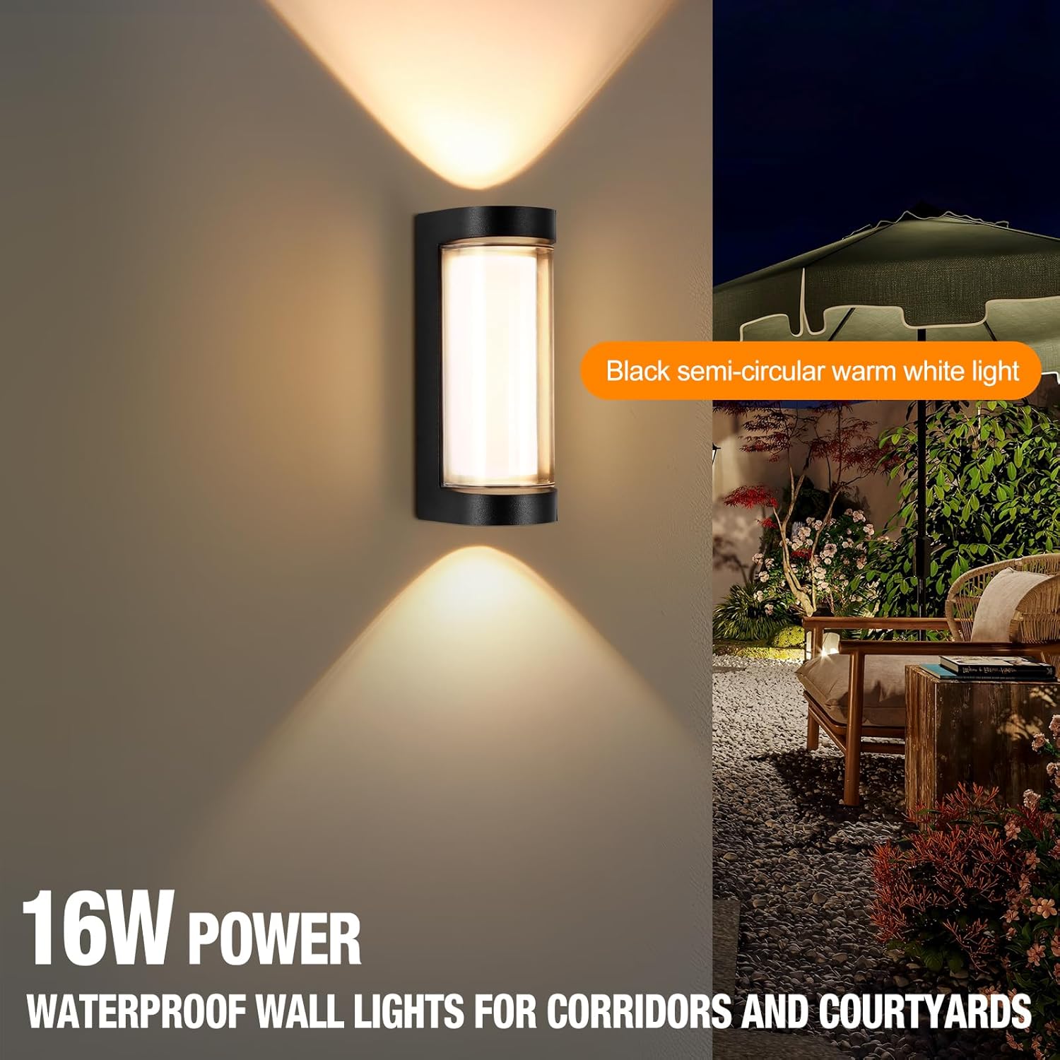 Outdoor wall light fixture with text highlighting features and usage.