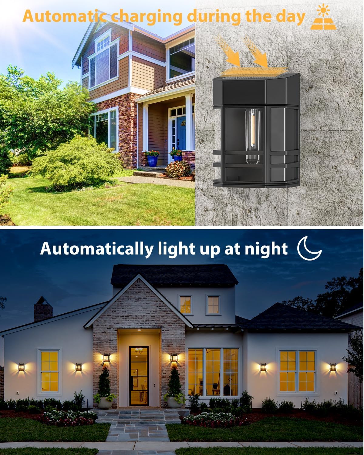 Outdoor wall light fixture with text indicating automatic charging during the day and automatic lighting at night, shown on a house exterior.