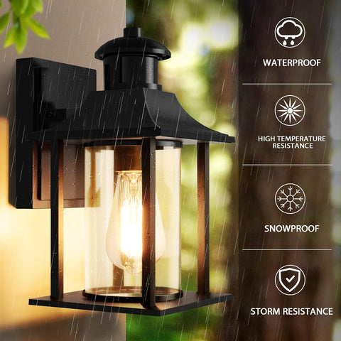 Outdoor wall light fixture with waterproof features highlighted on a blurred background