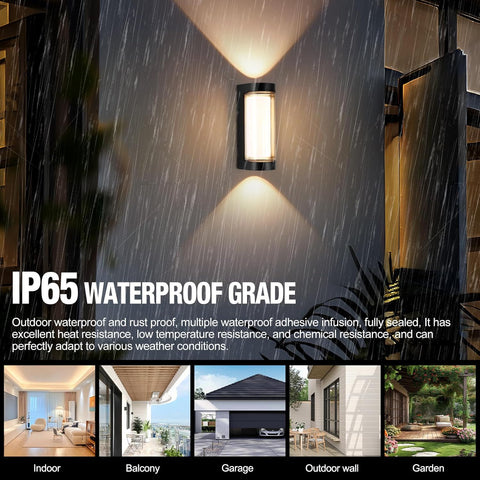 Outdoor wall light fixture with waterproof grade text and usage scenarios.