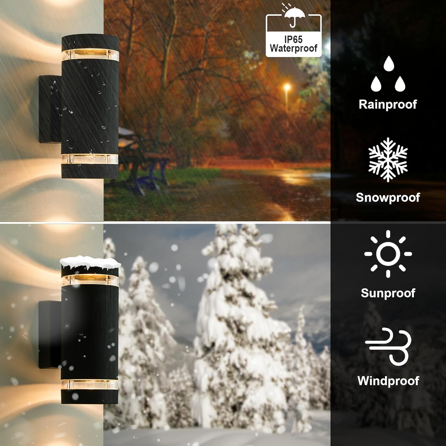Outdoor wall light fixture with waterproof, rainproof, snowproof, sunproof, and windproof features displayed against a snowy landscape.