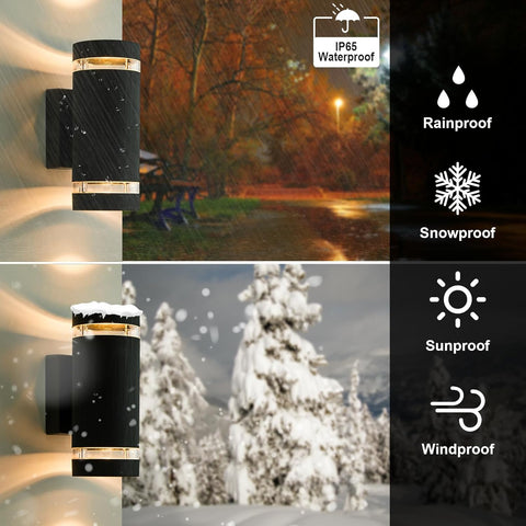 Outdoor wall light fixture with waterproof, rainproof, snowproof, sunproof, and windproof features displayed against a snowy landscape.