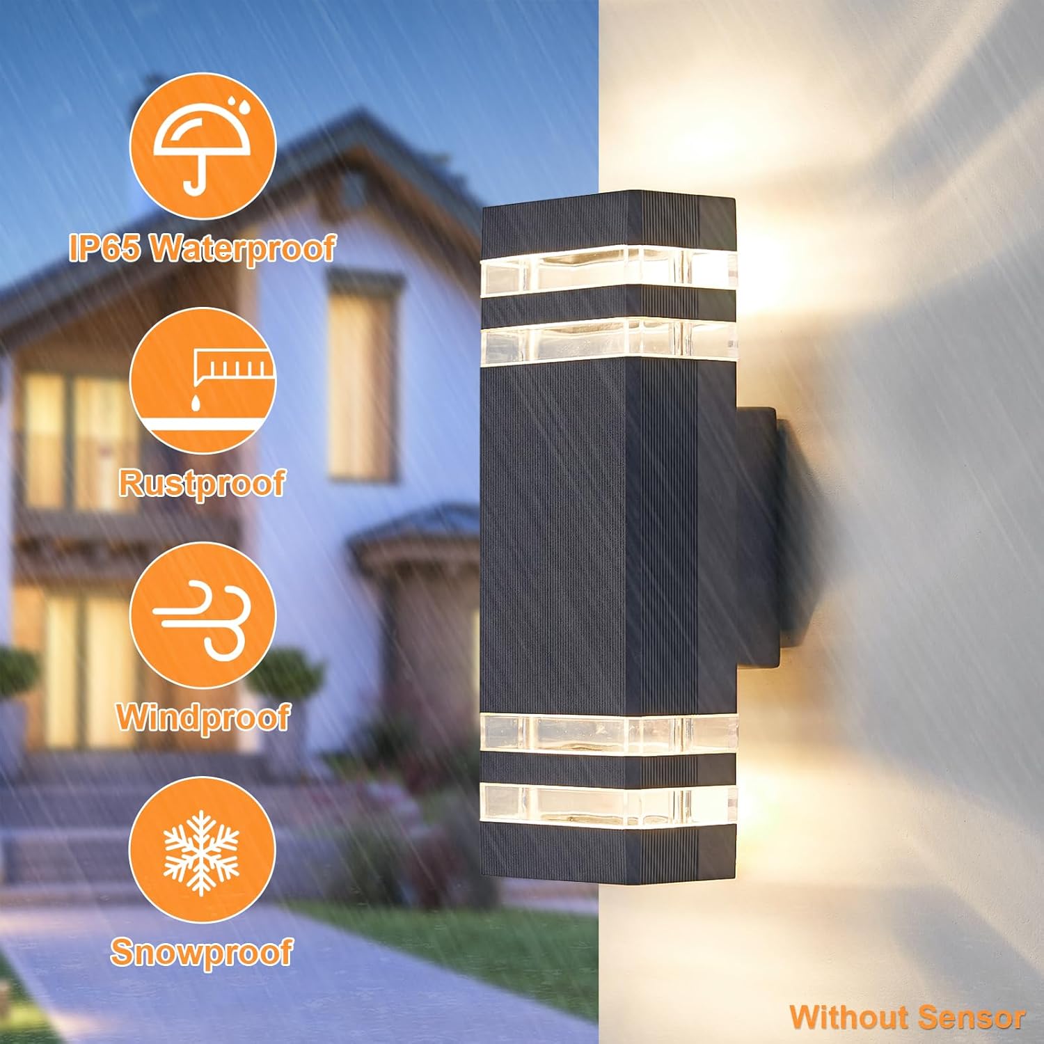 Outdoor wall light fixture with waterproof, rustproof, windproof, and snowproof features on a house exterior.
