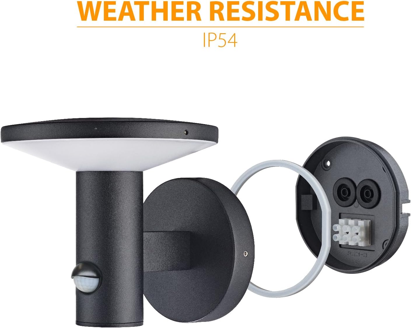 Outdoor wall light fixture with weather resistance IP54 rating on a white background