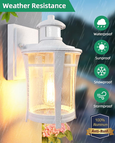 Outdoor wall light fixture with weather resistance features and a glowing interior.