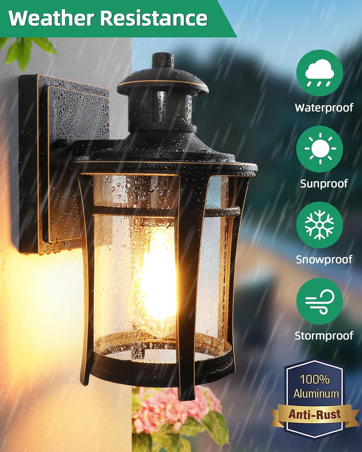 Outdoor wall light fixture with weather resistance features on a rainy day background