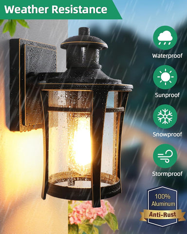 Outdoor wall light fixture with weather resistance features on a rainy day background